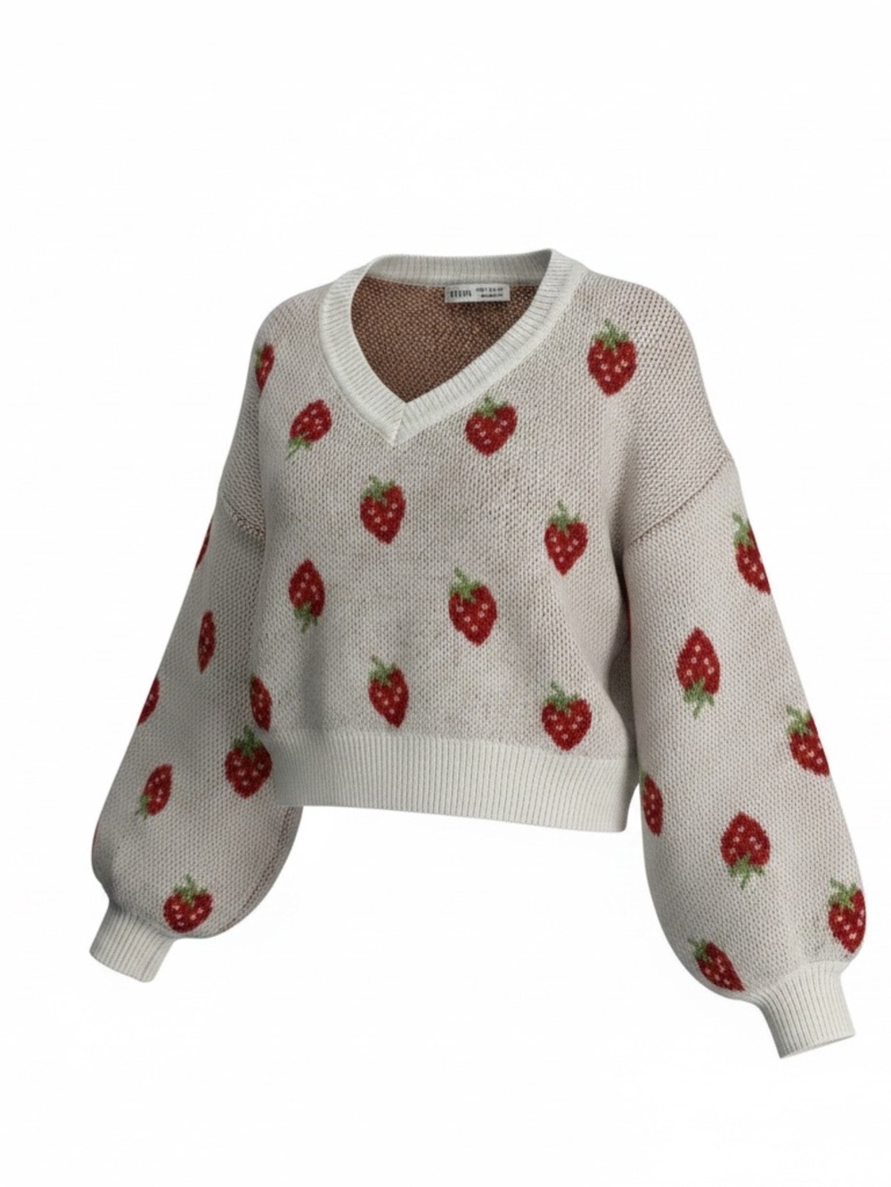 SHEIN Cream V-Neck Strawberry Print Sweater